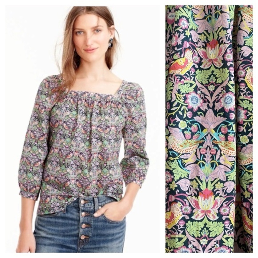 J. Crew Liberty Fabric Strawberry Thief Peony Print Square Neck Penny Blouse 4